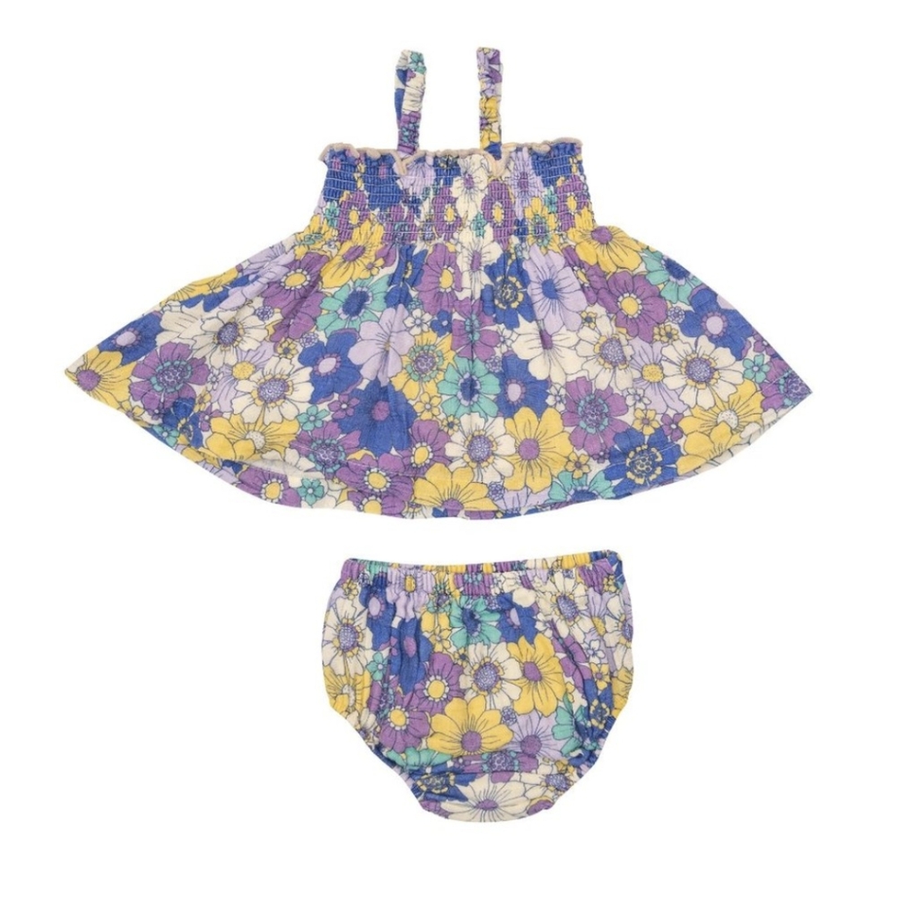 Angel Dear Organic Smocked Top & Bloomer Retro Cosmo Floral + Bow NWT
